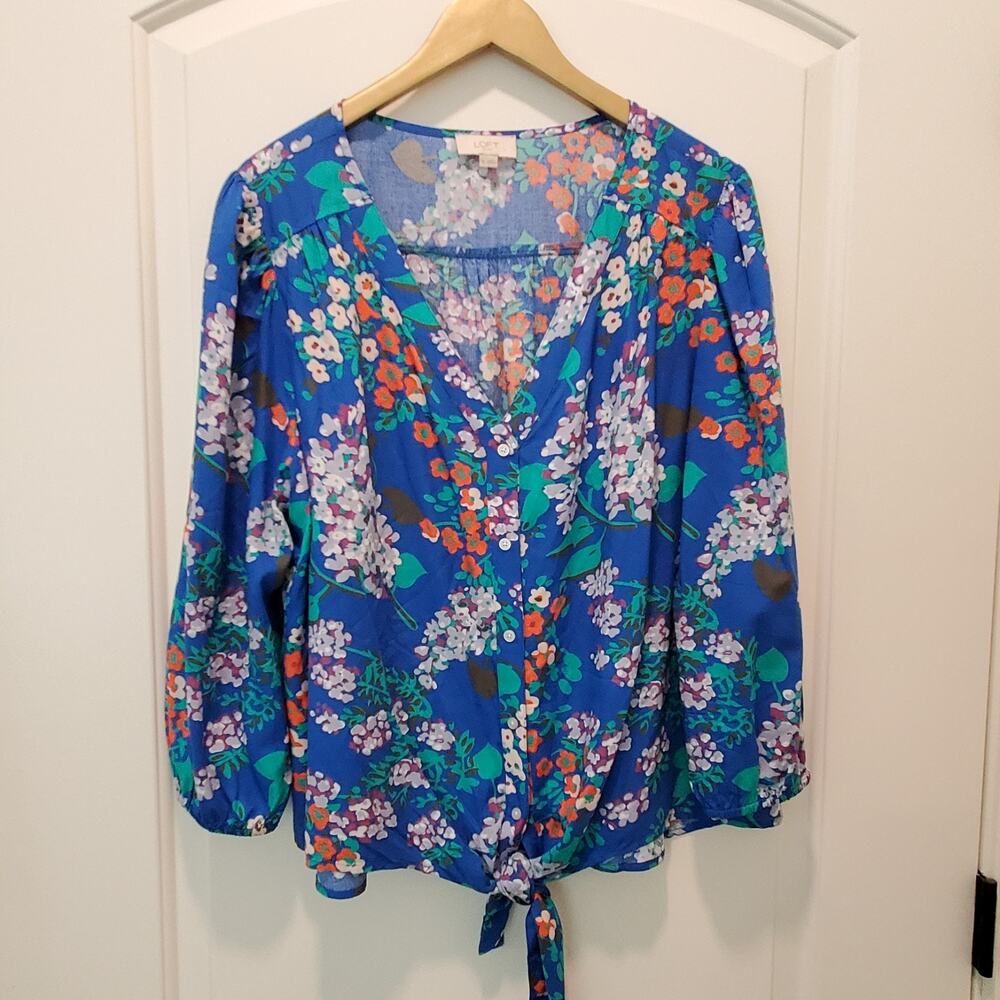 NWOT Loft Blue Floral Blouse Shirt 3/4 Sleeve - Sz Large - Retail $70 XL